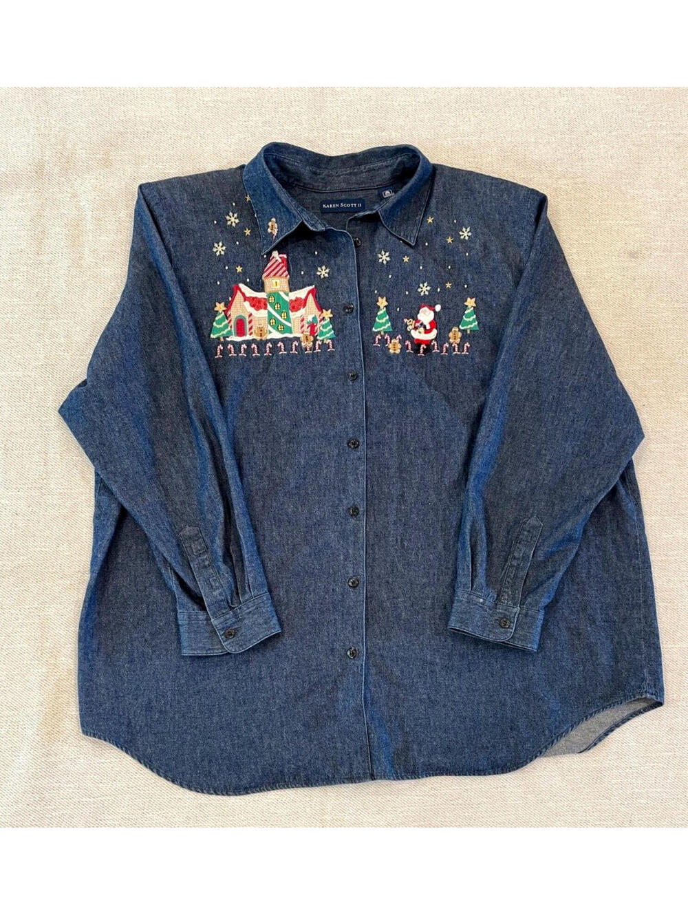 VTG Karen Scott Shirt Womens Denim Christmas Embroidered Santa Button Up Sz 1X